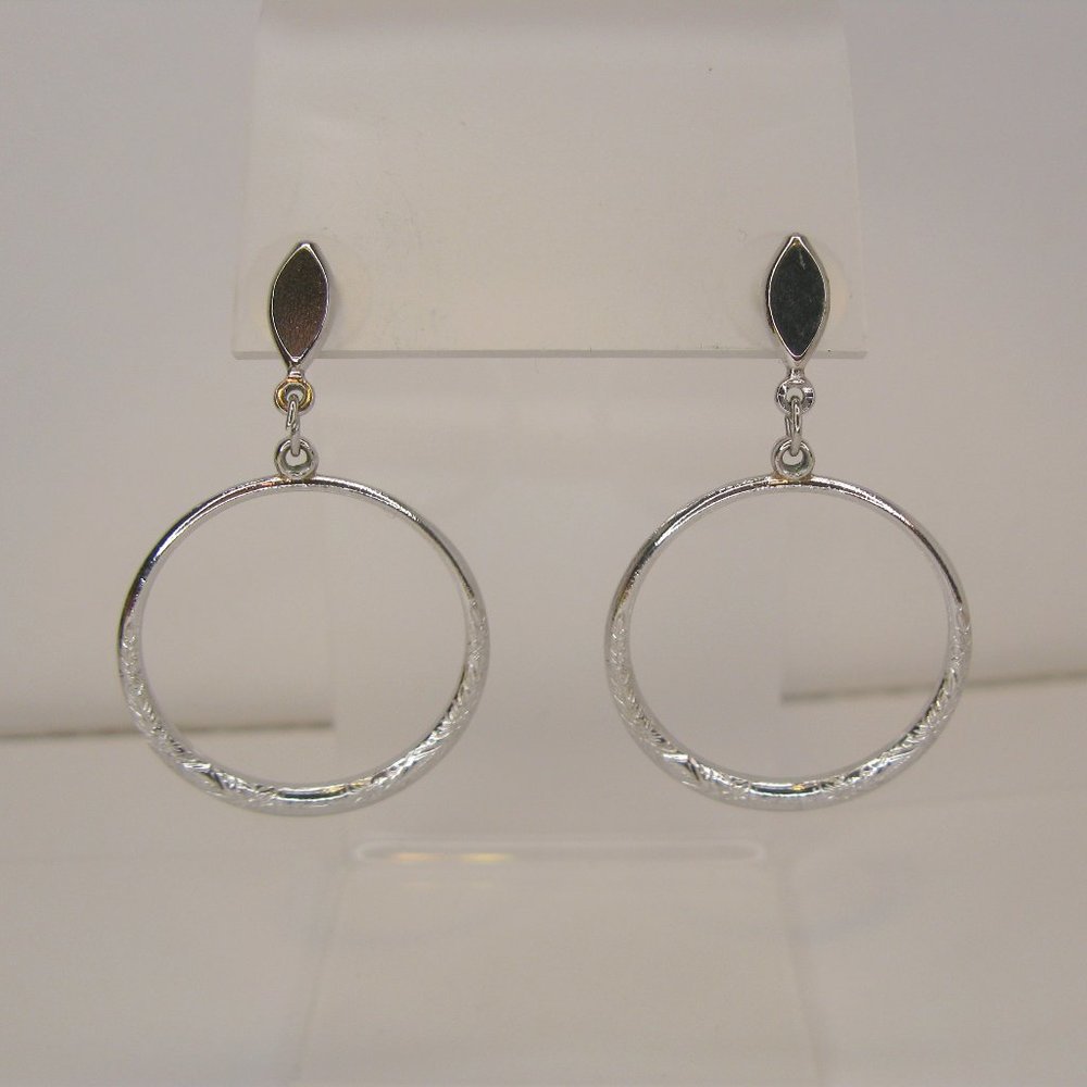 Textured Floral Hoop Dangle Pierced Silver Tone Earrings